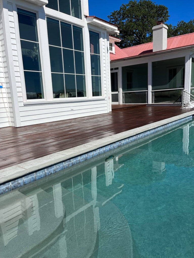 resurfacing and refinishing of a wood poolside deck at the Daniel Island Club