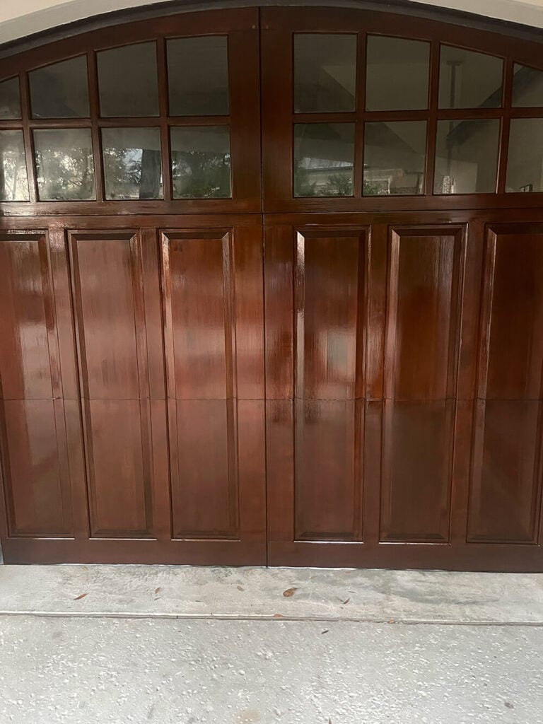 refinishing of a mahogany garage door on Daniel Island, SC